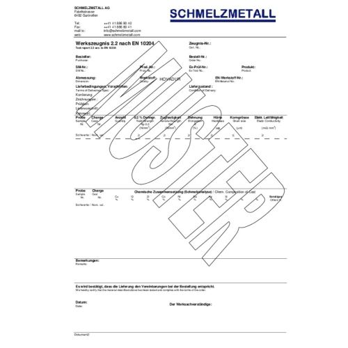 Material Zeugnis, Zertifikat
